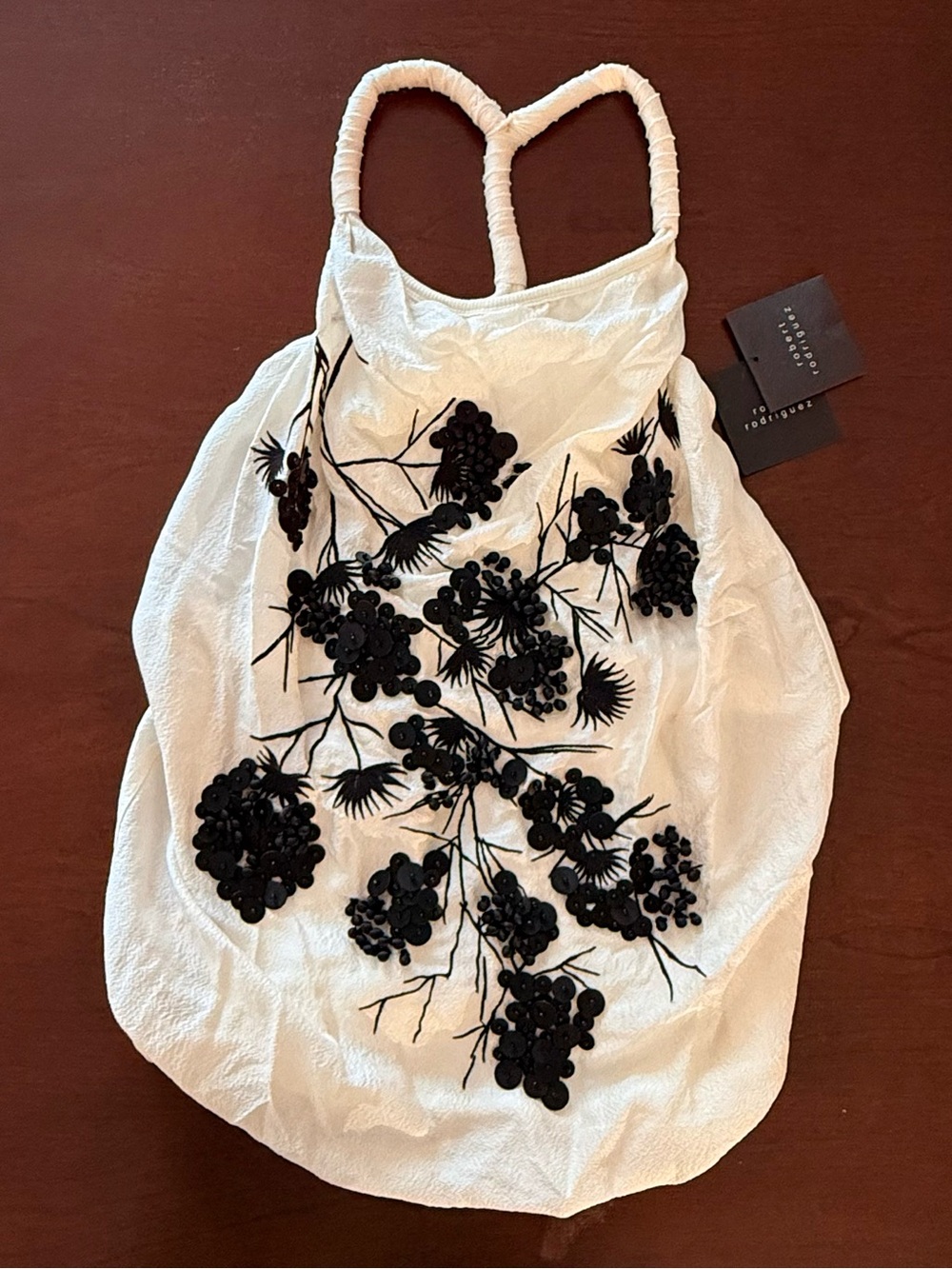 Robert Rodriguez Embroidered Ivory Halter Tank Top with Black Floral Appliqué